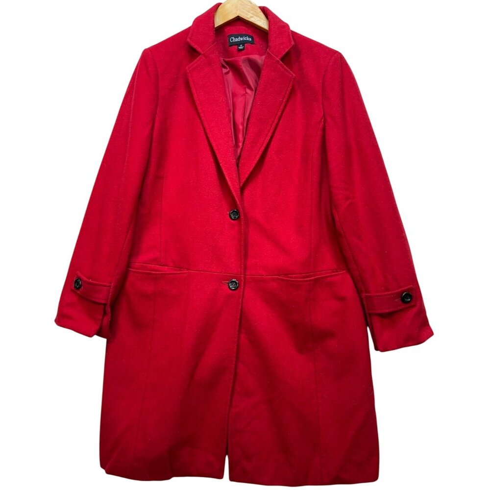 Chadwicks Women's Wool Notch Collar Button Front Long Coat Sz 12 Red Long Sleeve